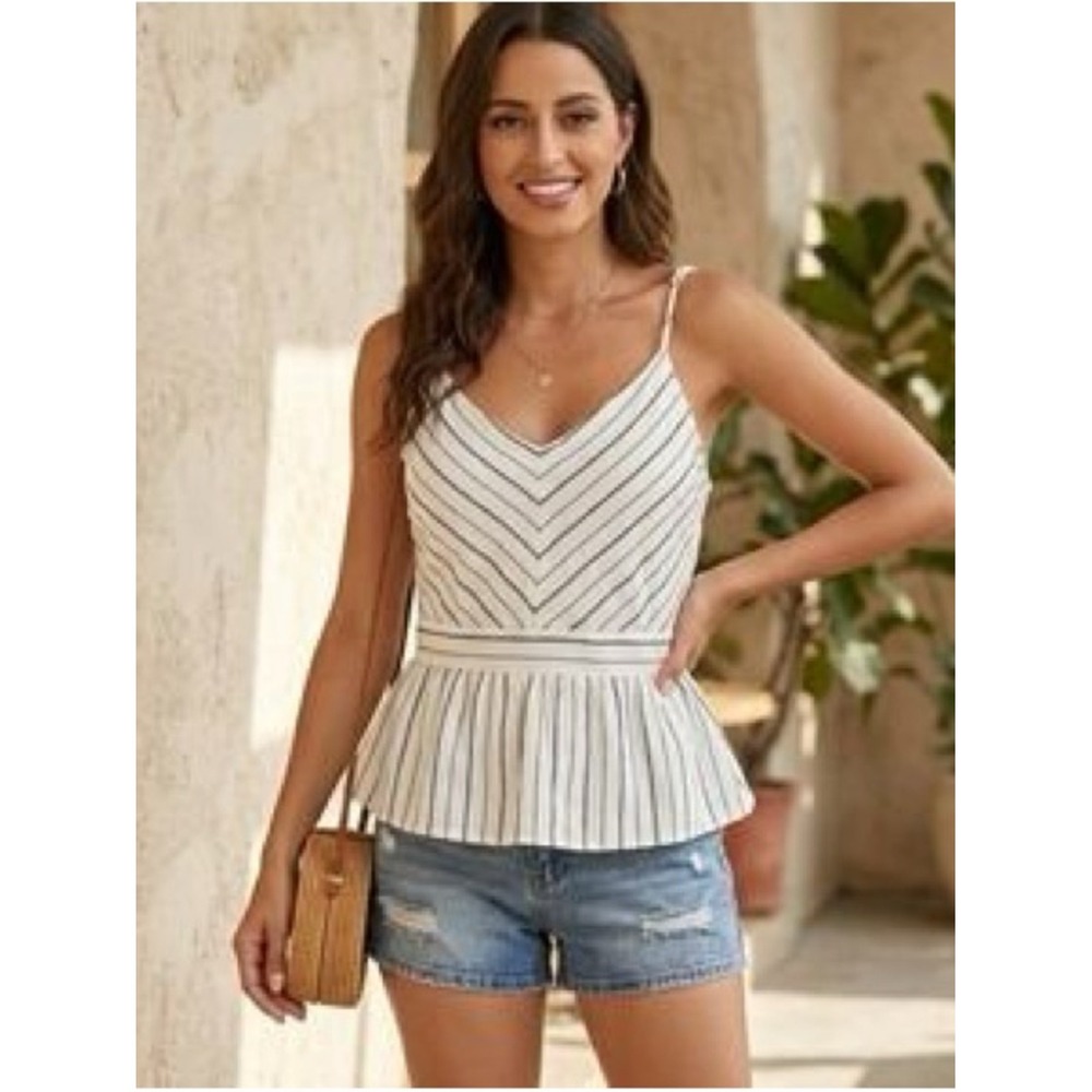 Monteau Los Angeles Striped Peplum Cami Top White Blue Smocked Back Medium